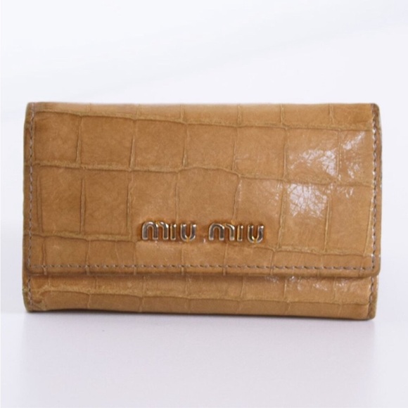 Miu Miu Croc-Embossed Leather Key Holder Tan Camel Designer Key Case